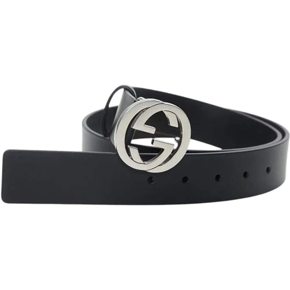 GUCCI Interlocking GG Buckle Leather Silver Black Sz 100/40 $595